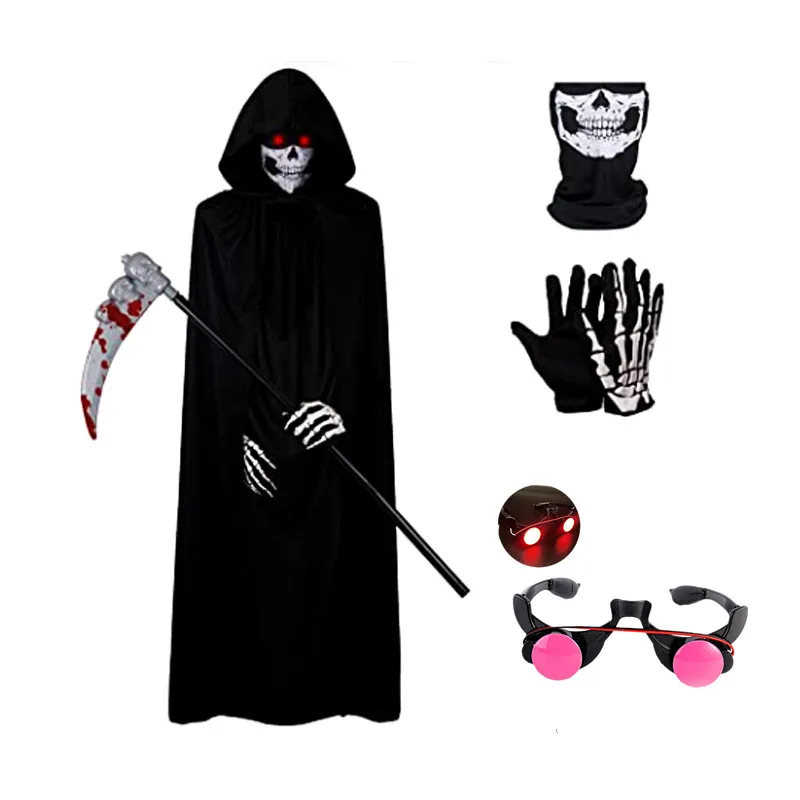 Costume spaventoso di Halloween Costume Grim Reaper per ragazzi Costume per bambini con occhi rossi luminosi con maschera di guanti