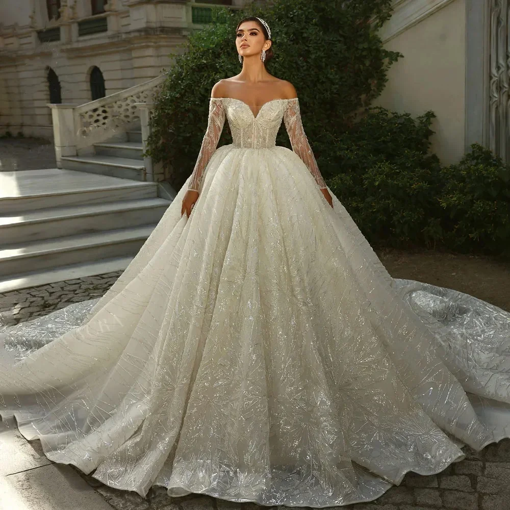 Personalizado requintado vestidos de baile de casamento lantejoulas miçangas renda vestido de noiva fora do ombro mangas compridas trem novia