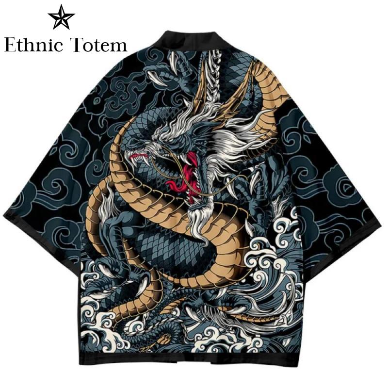 Men Demon Snake Dragon Pattern Printed Kimono Cardigan Chinese Japanese Samurai Coat Cape Summer Cosplay Asian Traditional Cloak