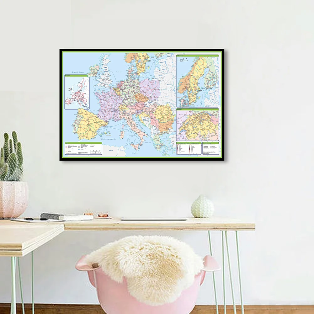 59*42 Cm Các Châu Âu Bản Đồ Chính Trị Với Chi Tiết Trang Treo Tường Trang Trí Tranh Canvas Dùng Học Lớp Học Nhà trang Trí