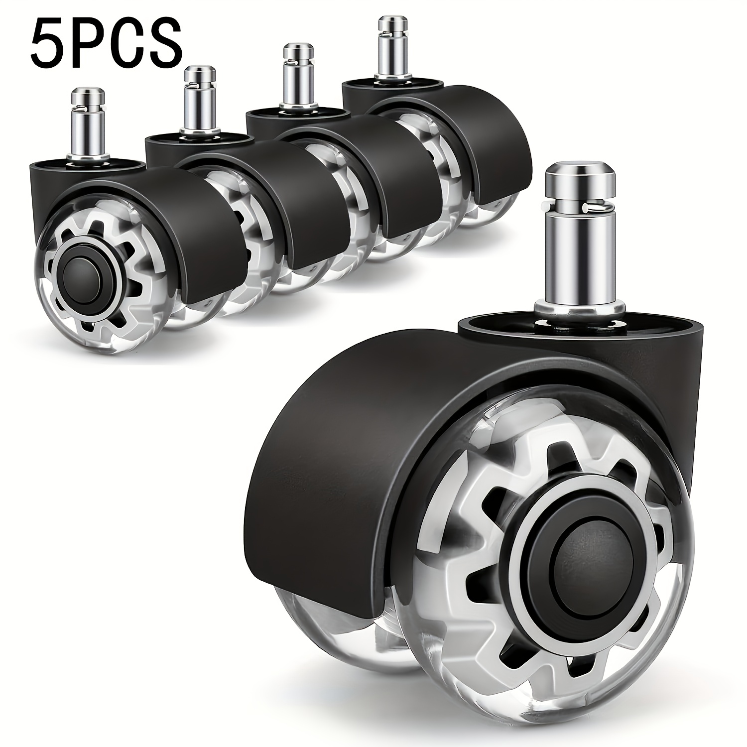 5pcs 2" Heavy Duty Gray PU Silent Swivel Stem Casters, Smooth & Durable Wheels for Office Chairs, Gaming Chairs