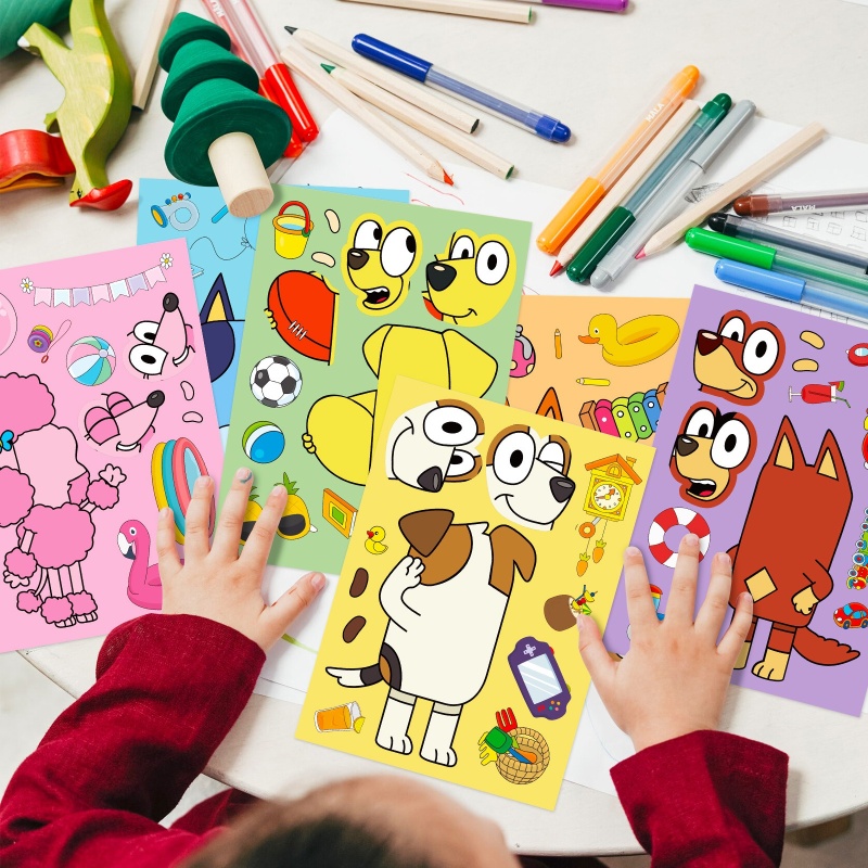 6/12/18 sztuk Bluey Anime Cartoon pies Puzzle naklejki śliczne dzieci DIY kolorowe Puzzle edukacja naklejki dla dzieci śmieszne zabawki prezent