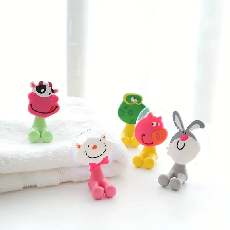 5pc Cute Cartoon Animal Toothbrush Holder,Wall OuntedToothbrush Storage Rack,BathroomMultifunctional Wall Hook,Toothbrush Holder