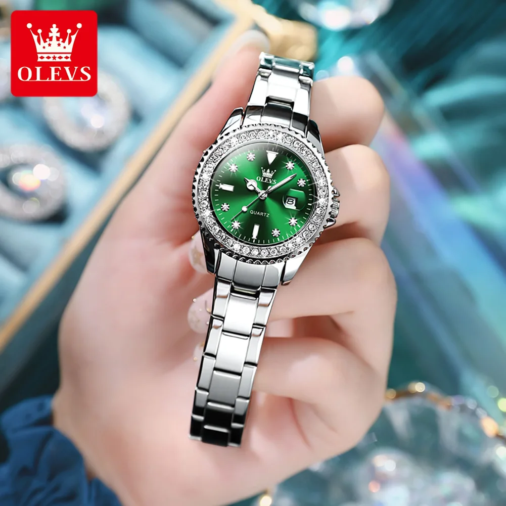 OLEVS Original reloj de cuarzo con esfera de diamante para mujer, relojes de moda para mujer, reloj de pulsera luminoso resistente al agua de acero inoxidable para mujer