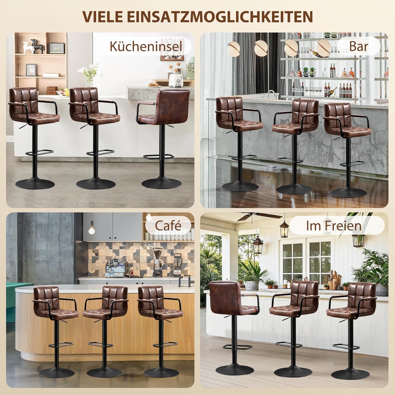 Set of 2, Barstuhl höhenverstellbar aus PU-Leather, 360 ° Swivel Chair Kitchen Chair with Armrest, Backrest and Footrest for Kitchen, W