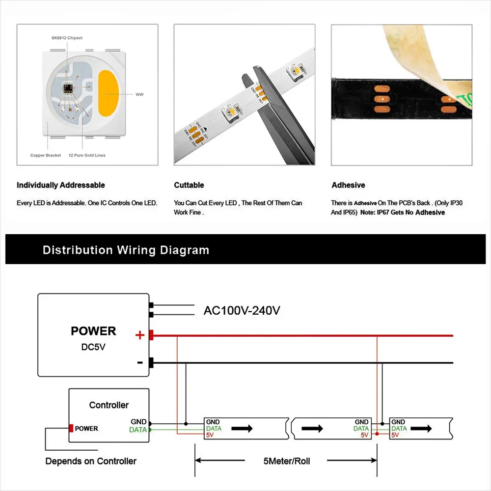 Sk6812 DC 12V RGBW RGBWW 5050SMD indirizzabile in modo indipendente 30/60/144 LED/m IP30/65/67 cavo PCB nero/bianco 1-5 metri