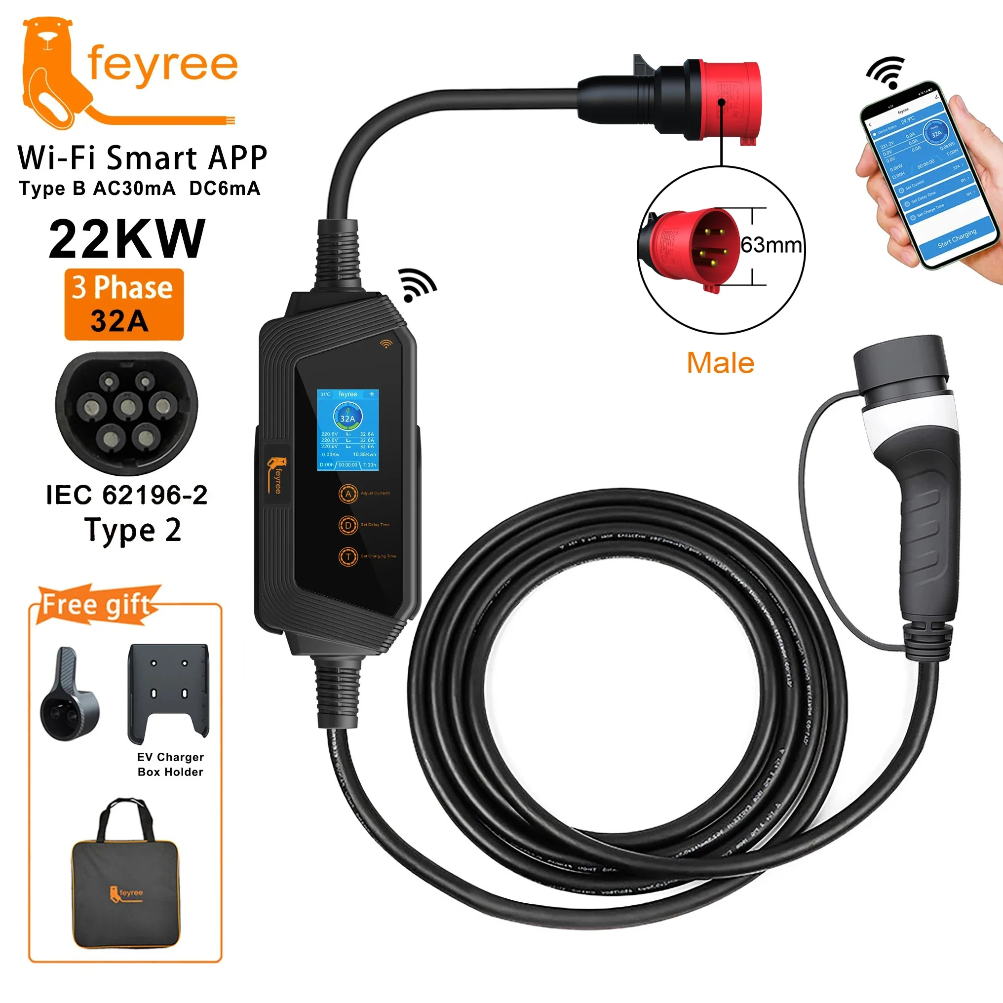 feyree 22KW 32A 3 相 Type2 EV 充電器 Wi-Fi APP 制御 EVSE ポータブル充電ボックス充電ステーション電気自動車充電器用