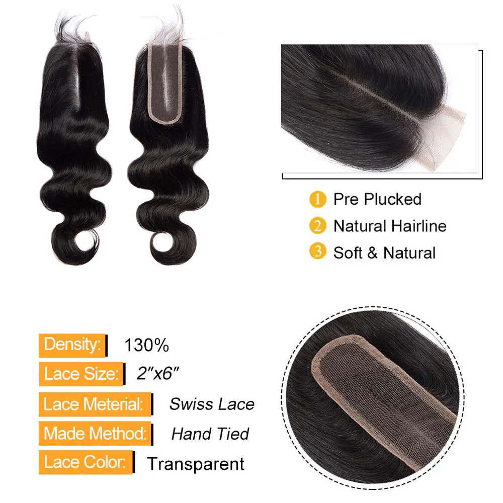 Cierre de onda corporal, cabello humano prearrancado, cierre de cabello humano ondulado transparente, cierre de encaje 2x6, 4x4, 5x5, 13x4, Frontal de encaje