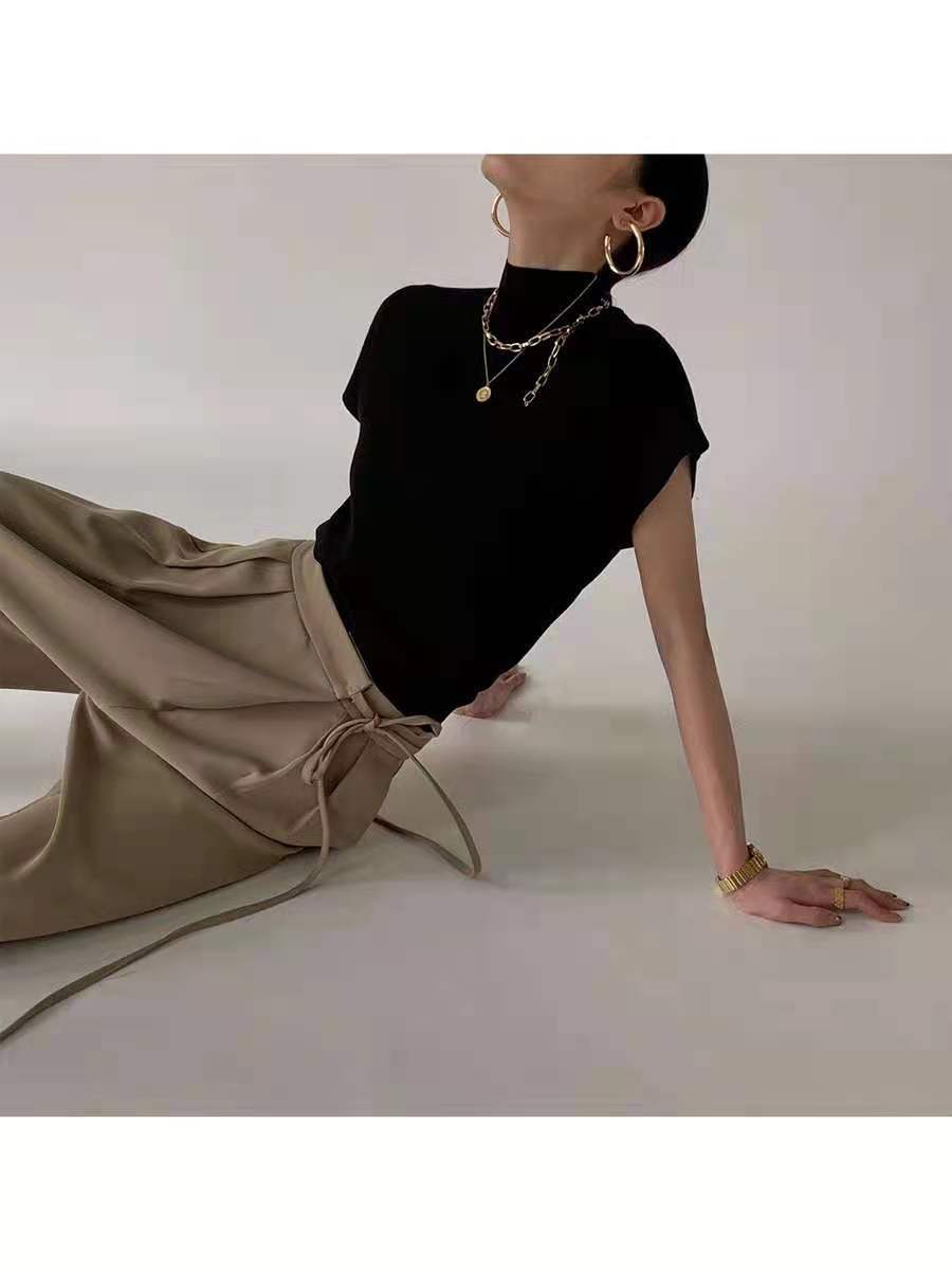 Moda colete camisa sólida gola alta camisola de malha manga curta senhora do escritório solto elegante all-match topos retos