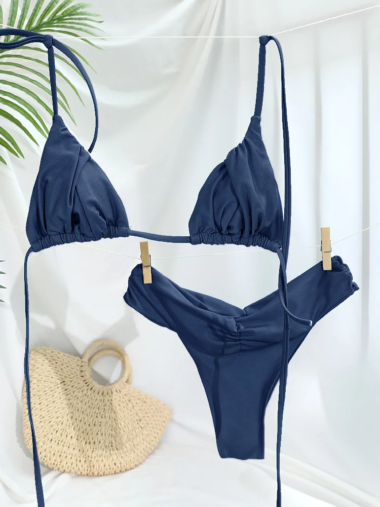 Conjunto de Bikini con pliegues para mujer, microbikinis lisos, traje de baño triangular para mujer, ropa de playa