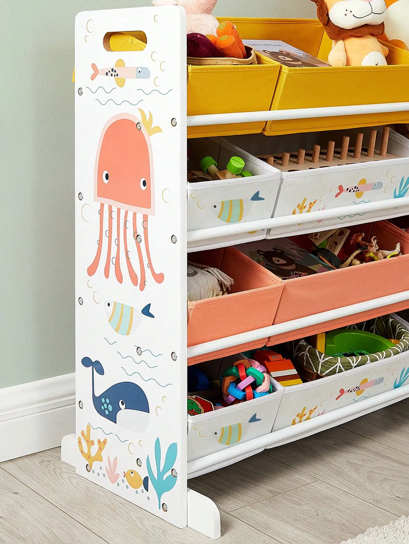 SONGMICS Scaffale per giocattoli con 12 contenitori in tessuto, organizer per libri per bambini, contenitore per sala giochi, multiuso, bianco