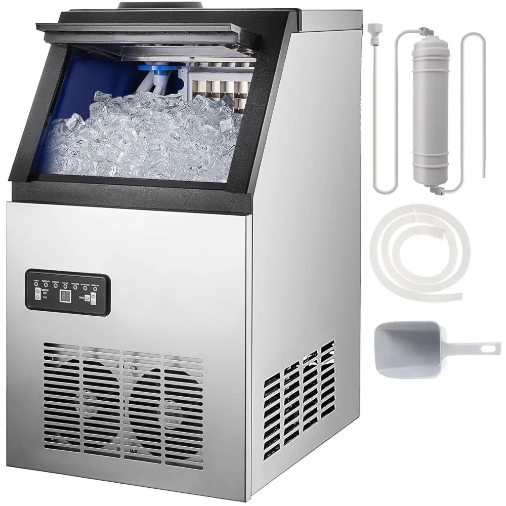 Commercial Ice Maker Machine, 90lbs/24H Ice Maker Machine with 33LBS Storage Bin, Stainless Steel Freestanding Ice Machine