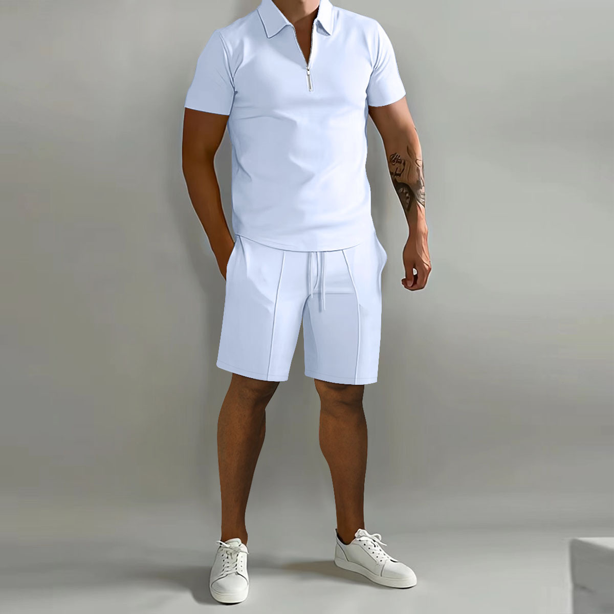 Costume Polo à Manches Courtes pour Homme, Couleur Unie, Pantalon à Bande Verticale, Décontracté, Ample, à la Mode