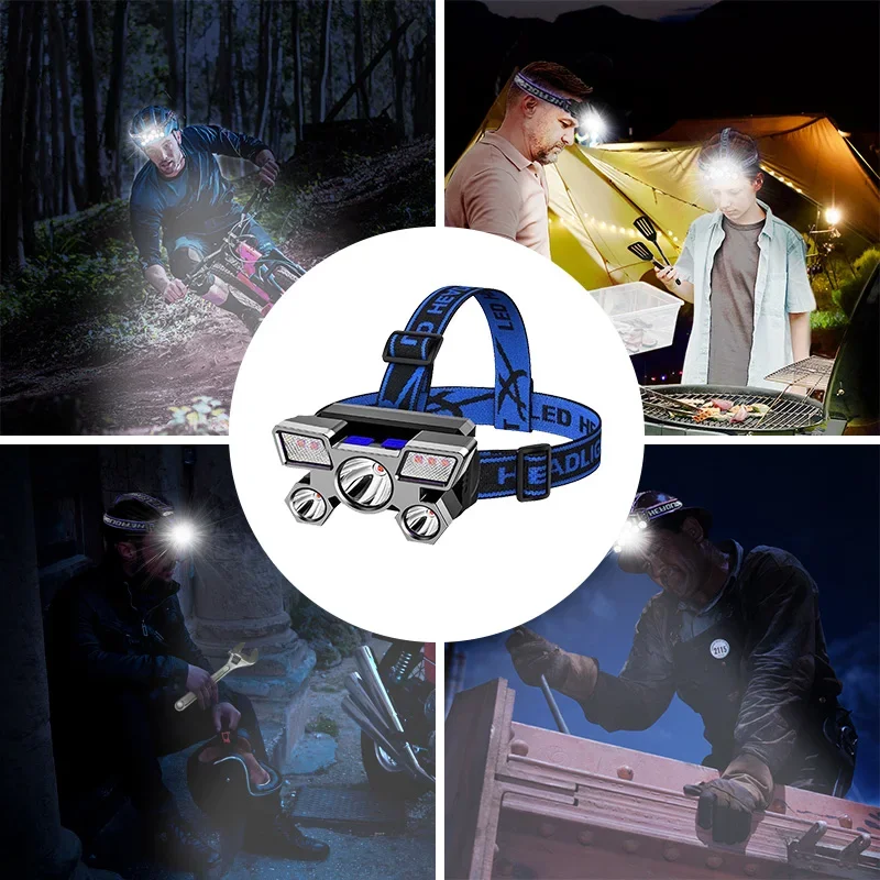 Linterna frontal recargable por USB, linterna portátil de 5LED con batería integrada, linterna frontal portátil impermeable para pesca y Camping
