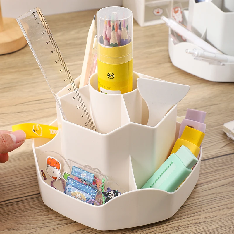 Scatola portaoggetti per portapenne rotante in plastica di grande capacità, per ufficio, studente, desktop, cancelleria, luce di lusso