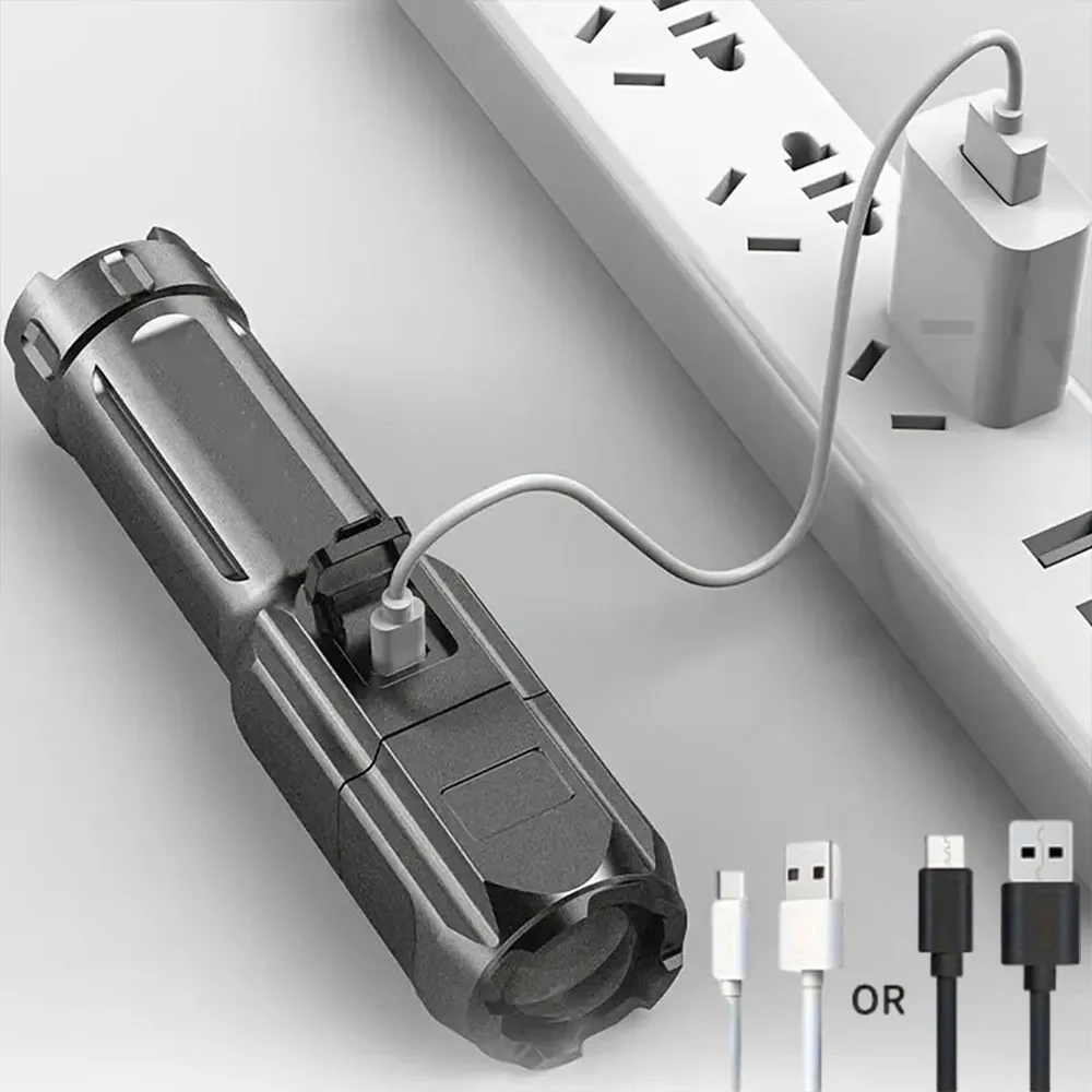 Linterna LED superbrillante con zoom, linterna de mano recargable por USB, resistente al agua, 3 modos, resistente al agua para acampar al aire libre