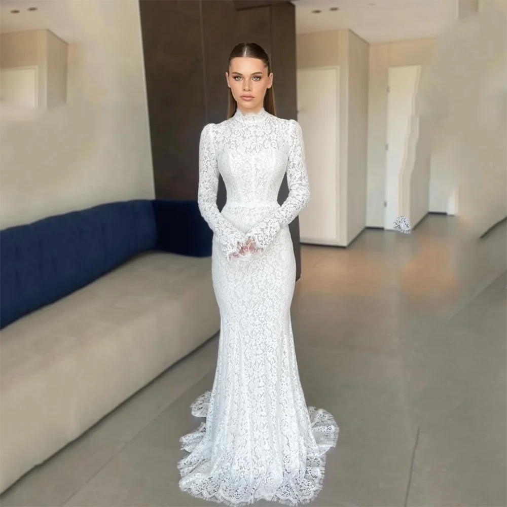 Verngo lvory abiti da sposa in pizzo collo alto maniche lunghe abiti da sposa donna Sweep Train abiti da sposa personalizzati