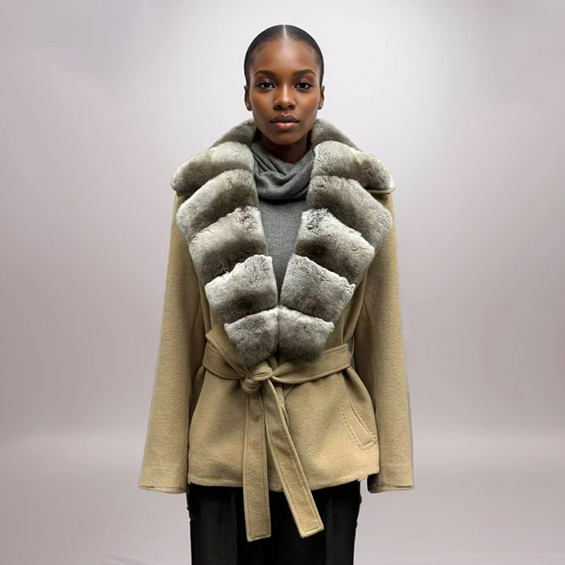 Trench coat feminino de lã destacável 100% natural gola de pele de coelho rex senhora outono inverno outerwear com cinto