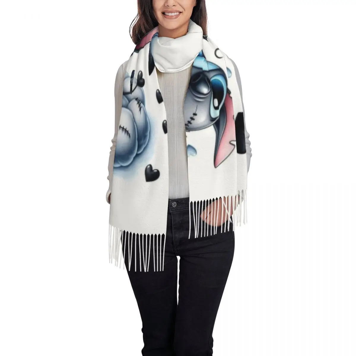 Bufanda personalizada con borlas de dibujos animados de SLilo y Stitch para mujer, chal cálido para invierno y otoño, bufandas de Anime para mujer
