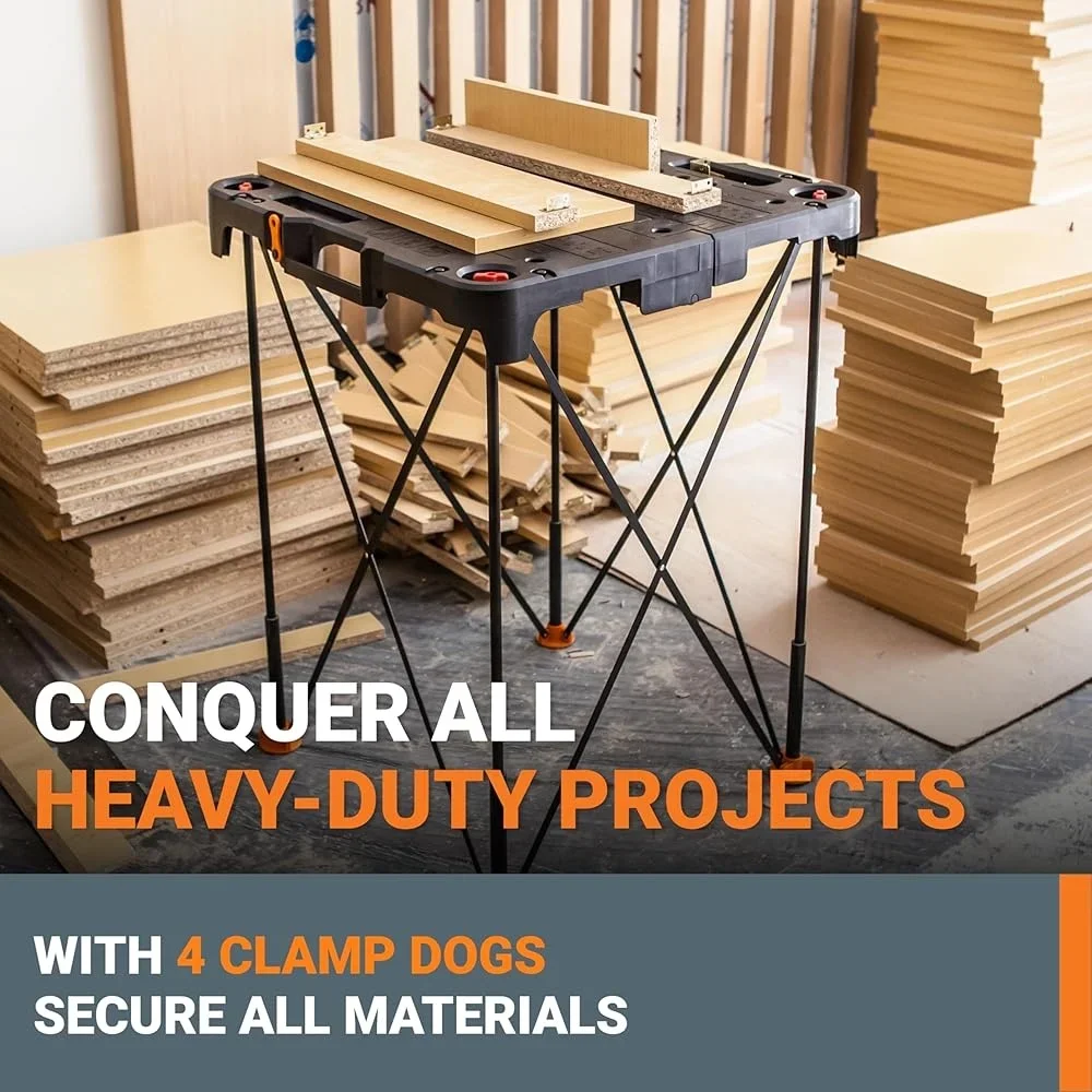 Folding Work Table Portable Lightweight Sturdy Workbench 300lbs Capacity Secure Legs Easy Storage Includes Clamps Link Locks