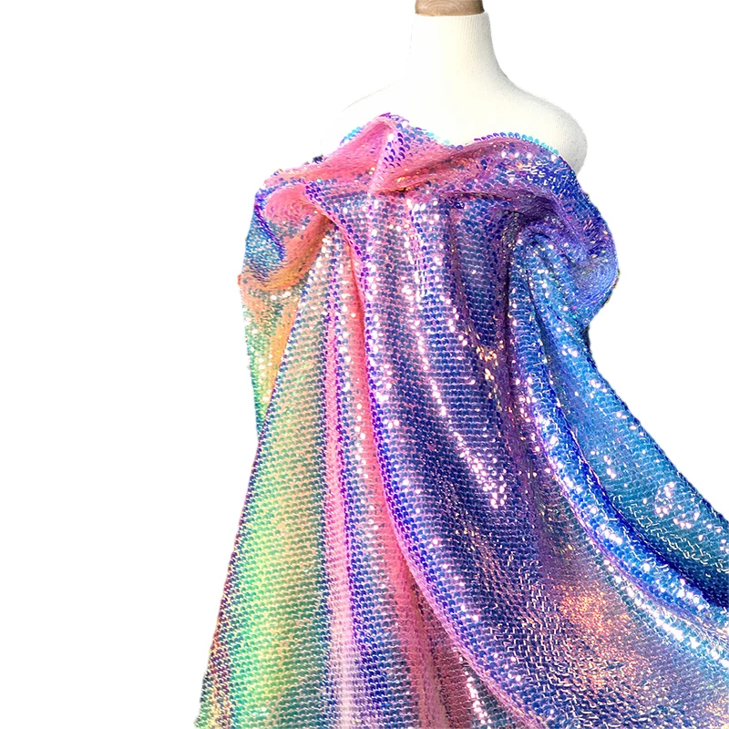 Farbverlauf, Regenbogenfarben, glänzendes Material, Pailletten, Fischschuppenstoff für Anzug, DIY, Nähen, Basteln, Kleidung, Zubehör, 130 cm Breite