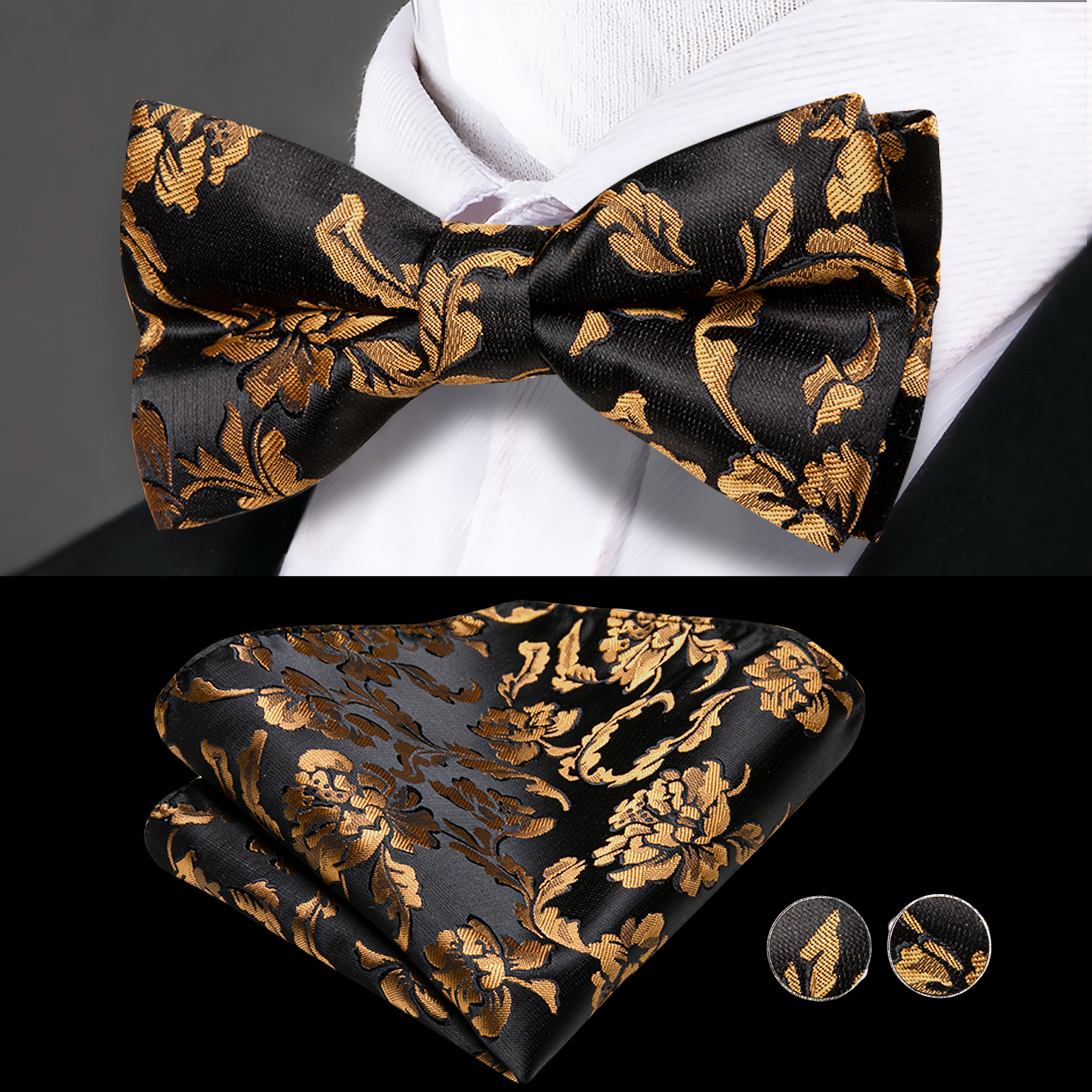 Hi-Tie-faja Floral de diseñador de lujo para hombre, conjunto de pajarita, corsé Formal de esmoquin, cinturón elástico para boda, color negro y dorado