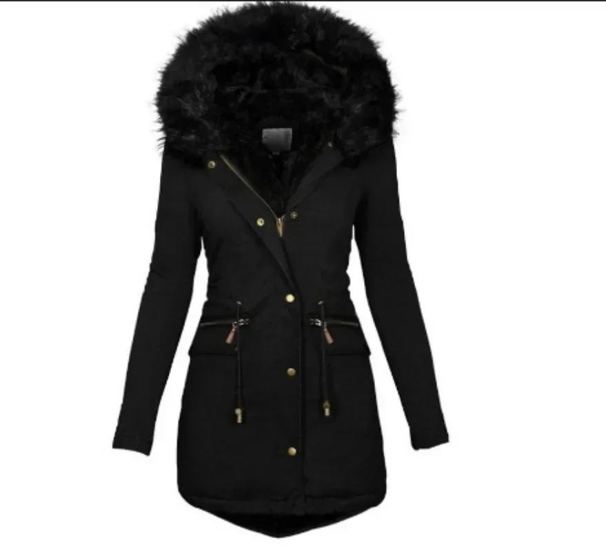 Nueva chaqueta ajustada y delgada para mujer, abrigo de algodón con cremallera cálida de longitud media con capucha y cuello de lana de Color sólido para mujer