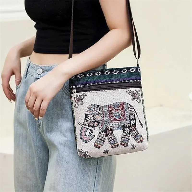 ผู้หญิงผ้าใบขนาดเล็กปักโทรศัพท์ไหล่กระเป๋า Retro สไตล์ชาติพันธุ์กลางแจ้ง Messenger กระเป๋า Crossbody