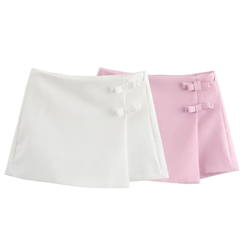 TRAF 弓ピンクスコート女性のためのハイウエストミニ白スカートパンツファッション夏の女性のスコートストリート非対称キュロット