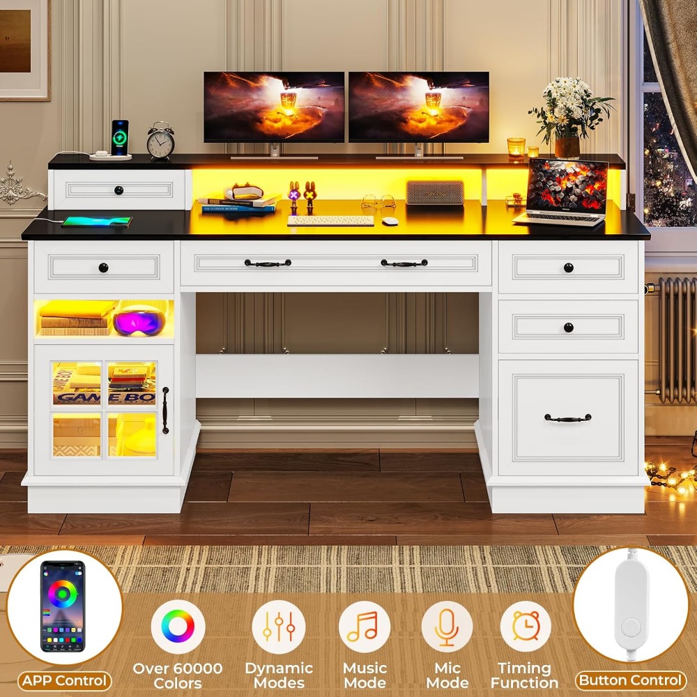 Home Office Desk With Drawers & Storage Cabinet White Writing Desk With Charging Station & LED Lights Computer Gaming Furniture