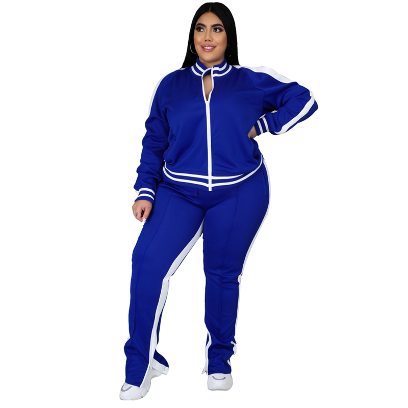 プラスサイズ L-5XL ツーピースセット女性スウェットスーツジップストライプトップスリットスウェットパンツジョガー衣装マッチングセット卸売ドロップシッピング