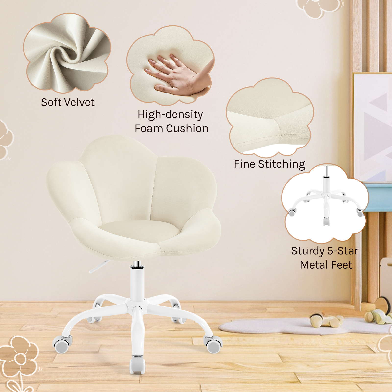 WOLTU Ergonomische Fluwelen Draaibare Kaptafel Stoel In Hoogte Verstelbare Bureaustoel voor Kinderbureaustoel Kinderkamer Thuis