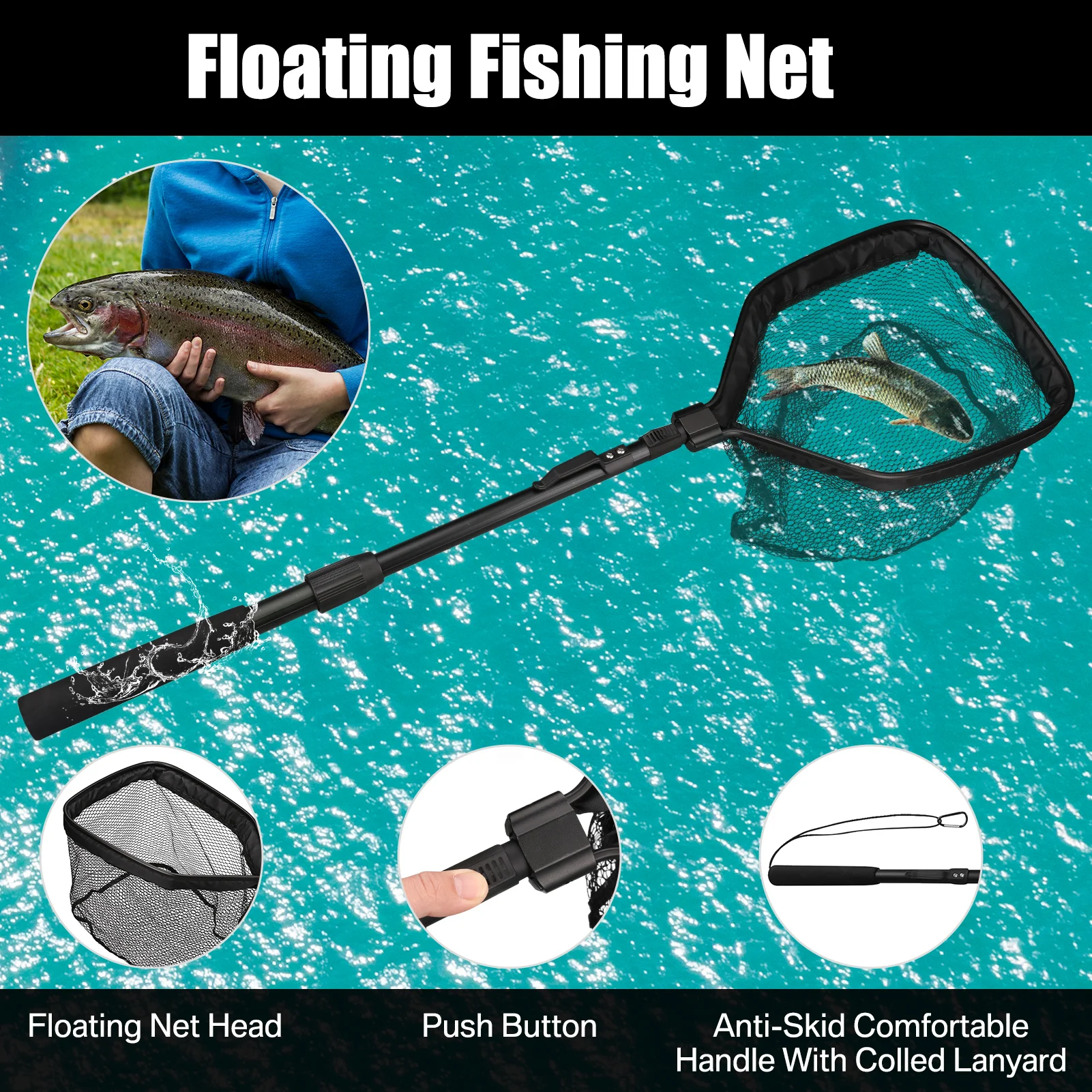55cm-190cm telescopic fishing net, suitable for salmon, carp, catfish, trout floating net, easy to catch, foldable