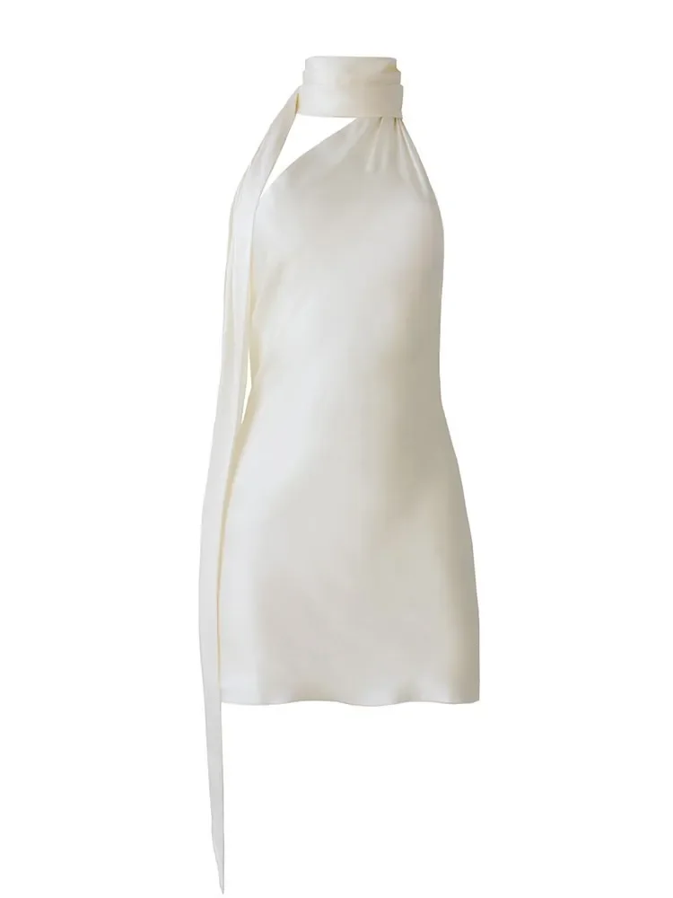 Retalhos vestidos formais para mulheres gola halter fora do ombro sem mangas cintura alta sem costas cetim mini vestido estilo feminino