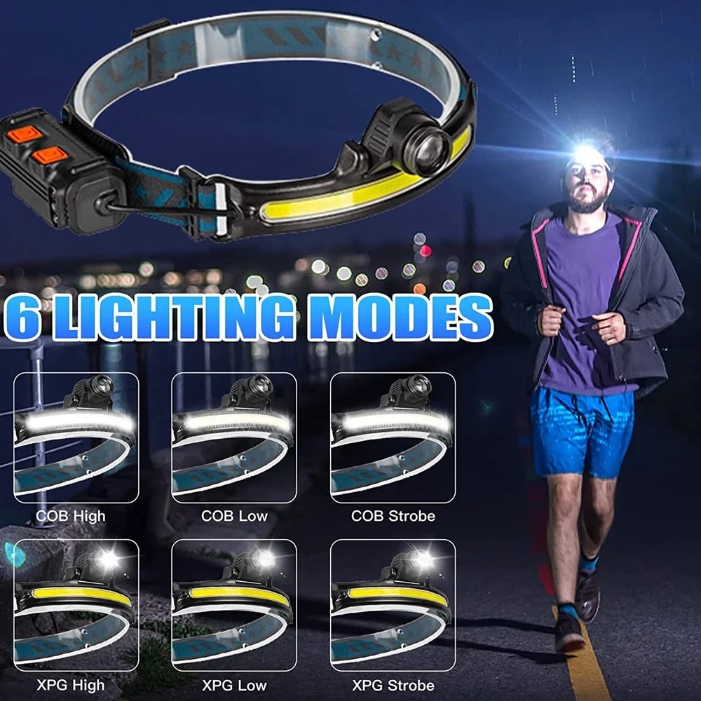 Linterna frontal de inducción XPG + COB LED, linterna para cabeza con batería integrada, linterna frontal multifunción recargable por USB de 6 modos