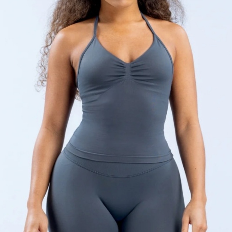 Top de gimnasio con tiras palangre de impacto con logotipo, ropa de gimnasio sin espalda, sujetador incorporado con copas extraíbles, camisetas sin mangas de Yoga