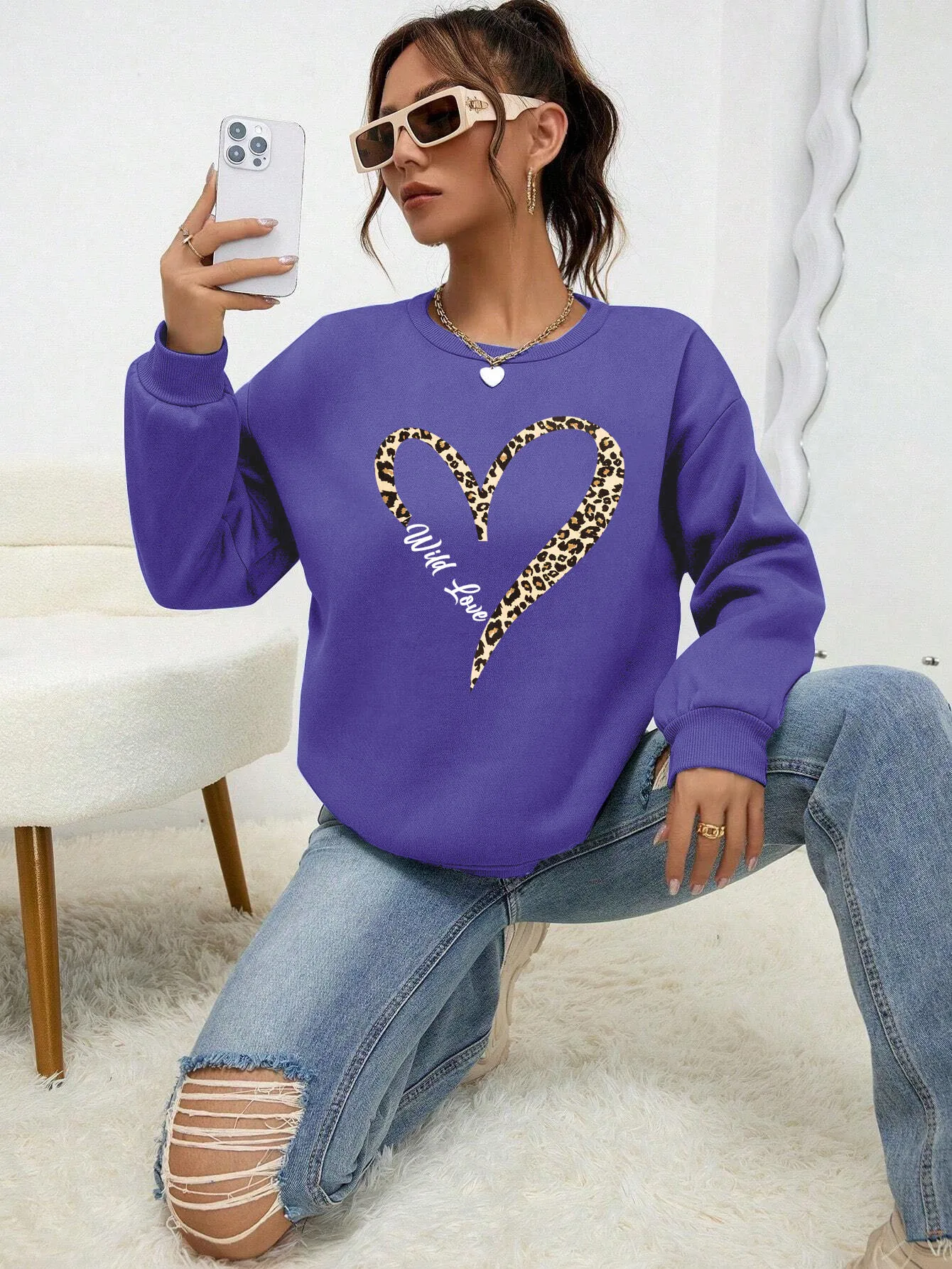 Leopard Wild Heart Pattern Print Damen Sweatshirt Street Fur-Liner Pullover Hipster Kleidung All-Match Crewneck Trainingsanzug