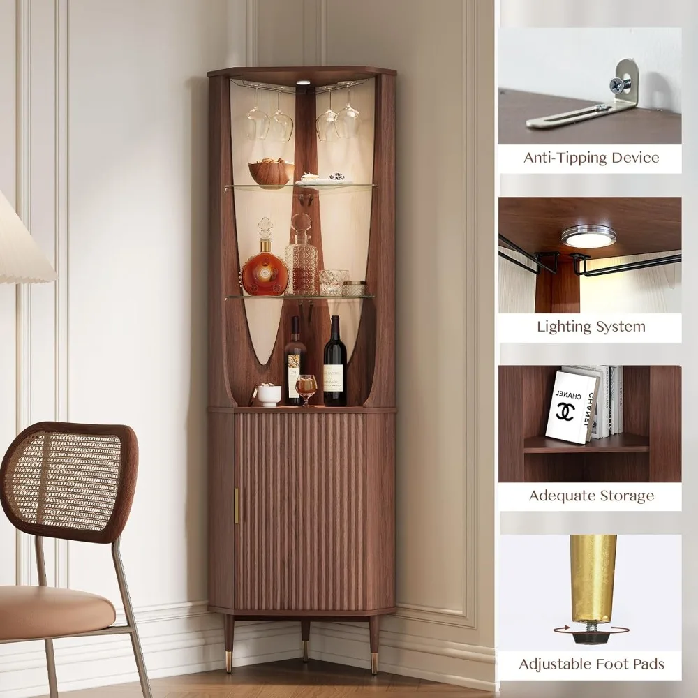 70" Tall Corner Bar Cabinet, Mid-Century Modern Fluted Storage Cabinet with Glass Shelves, Door & LED Lighting, Space-Saving