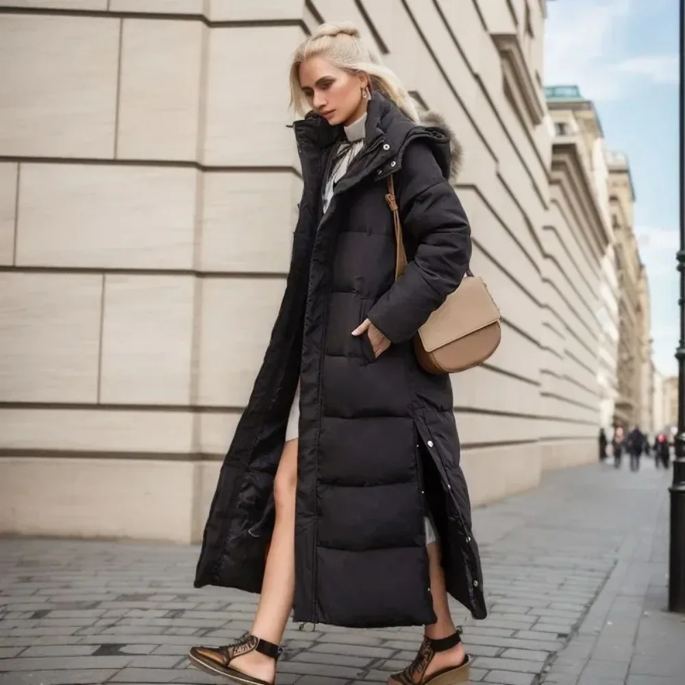 Abrigo de algodón, Parka larga, chaqueta para mujer, Otoño Invierno 2023, abrigos gruesos y cálidos, Parkas de plumón blancas con capucha de tendencia de bloque tejido