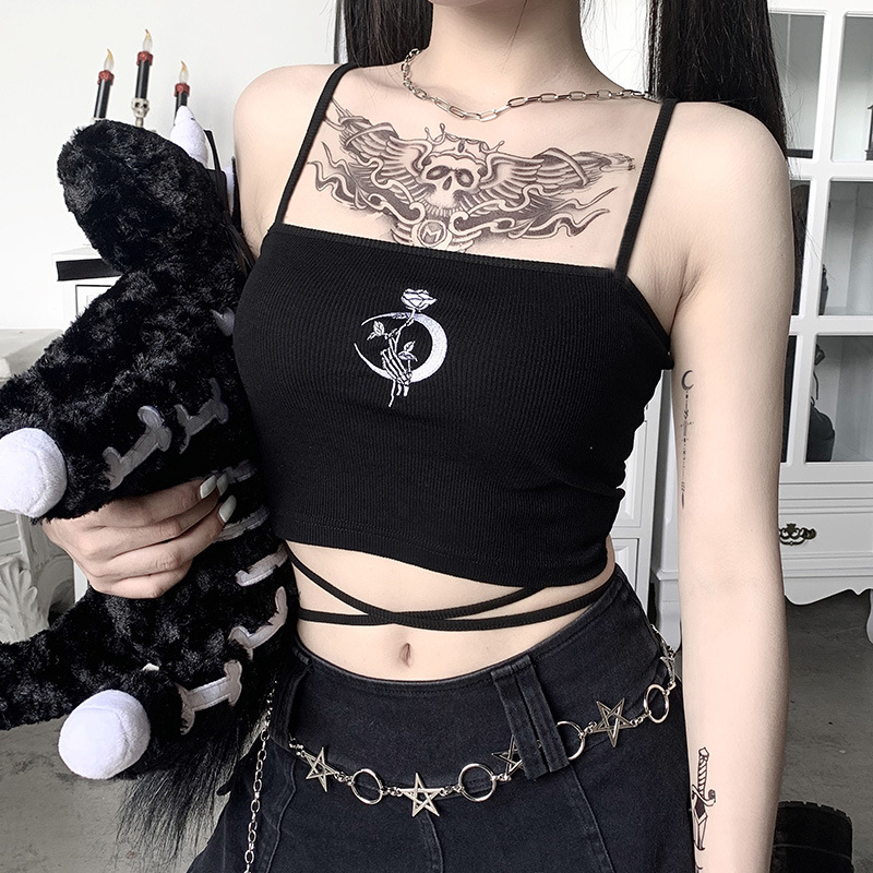 ゴシック女性のプリントサスペンダーノースリーブスクエアネックスリムクロップトップセクシーなホルターボトミングシャツ 2022 ガールズパーティー着用