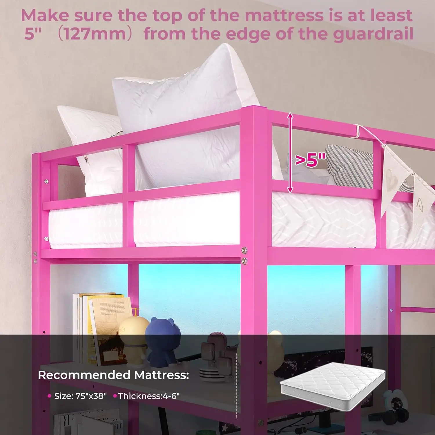 Loft Bed Twin Size with L-Shaped Desk, LED Lights and Charging Station Twin Metal Loft Bed Frame with 3 Storage Shelves
