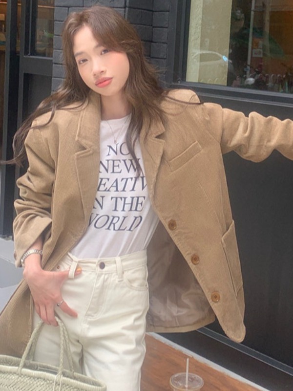 American Retro Corduroy Suit Jacket Loose Fit Single Button Notch Collar Casual Chic Outerwear for Women Winter 2023