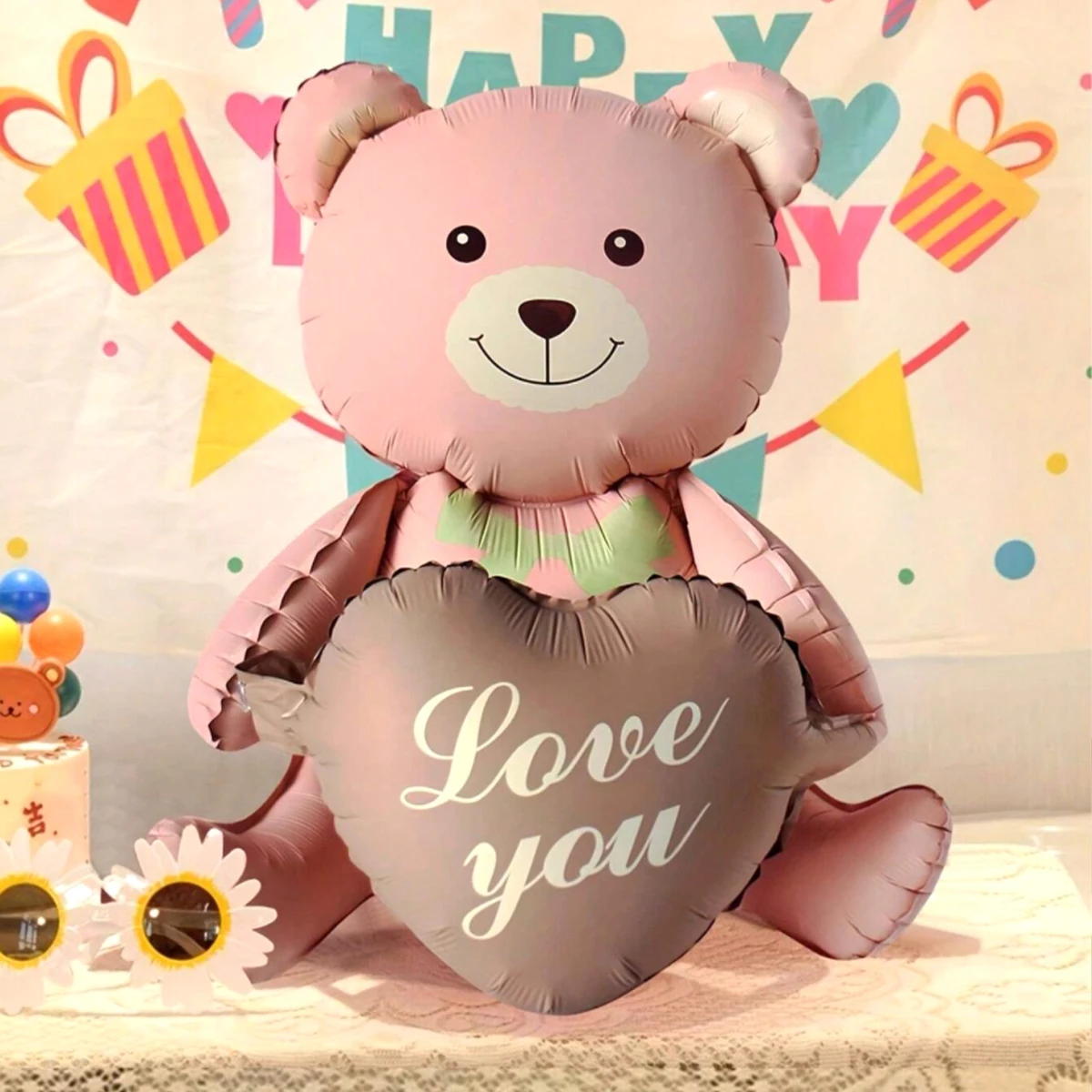 Balon z folii aluminiowej 3D Lying Cartoon Matte Heart Bear, odpowiedni na przyjęcie urodzinowe, dekorację walentynkową, baby shower