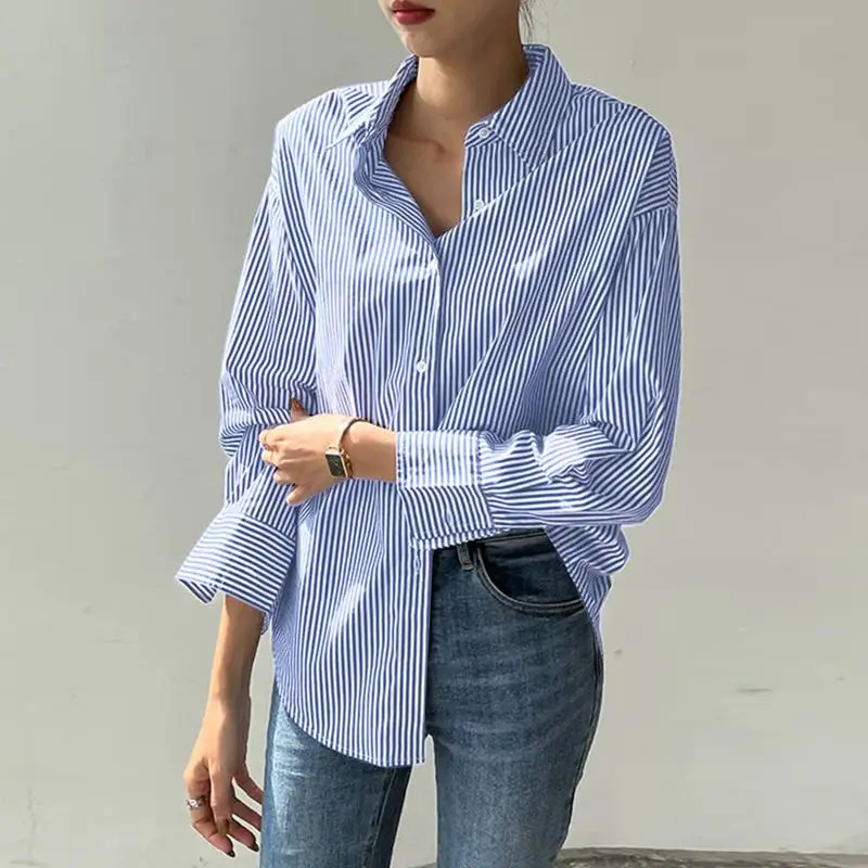 Frauen Frühling Sommer Blusen Shirts Dame Mode Casual Lange Hülse Drehen-unten Blau Streifen Blusas Tops