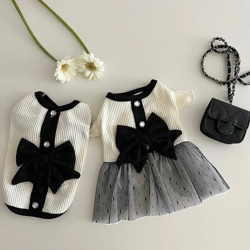 Vestido de lujo para perros pequeños, ropa de verano para cachorros, falda de encaje con lazo para perros, camiseta blanca y negra, disfraz para perros y niñas, chaleco para Chihuahua