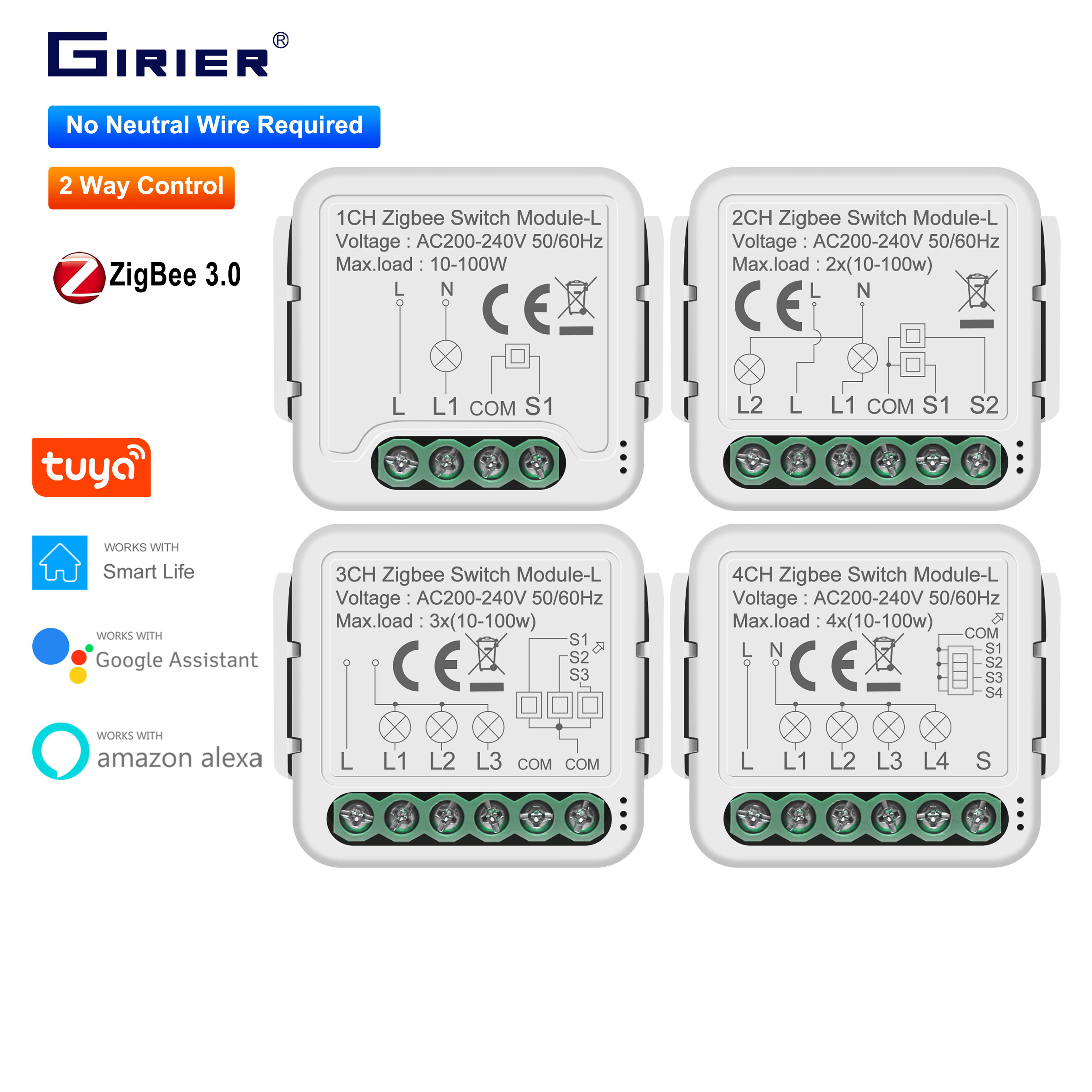 GIRIER Tuya ZigBee 3.0 スマート スイッチ モジュール 中性線不要 スマート ホーム DIY ライト ブレーカー Alexa Google Home と連携