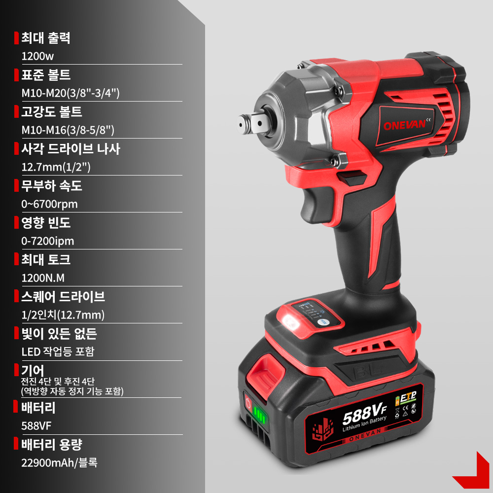 ONEVAN 1200N.M 토크 브러시리스 전기 임팩트 렌치 1/2 인치 무선 렌치 스크루 드라이버 21V 18V 배터리 용 전동 공구