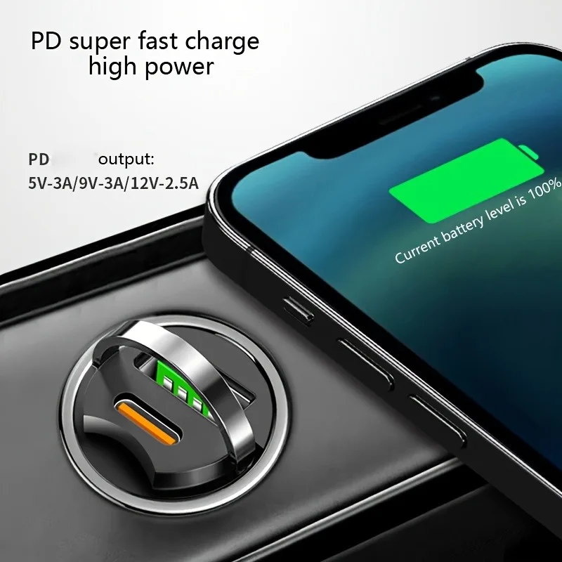 Carregador de carro flash de 66 W com anel de tração - porta dupla PD + USB ultracompactada para carregamento rápido - Mini design discreto