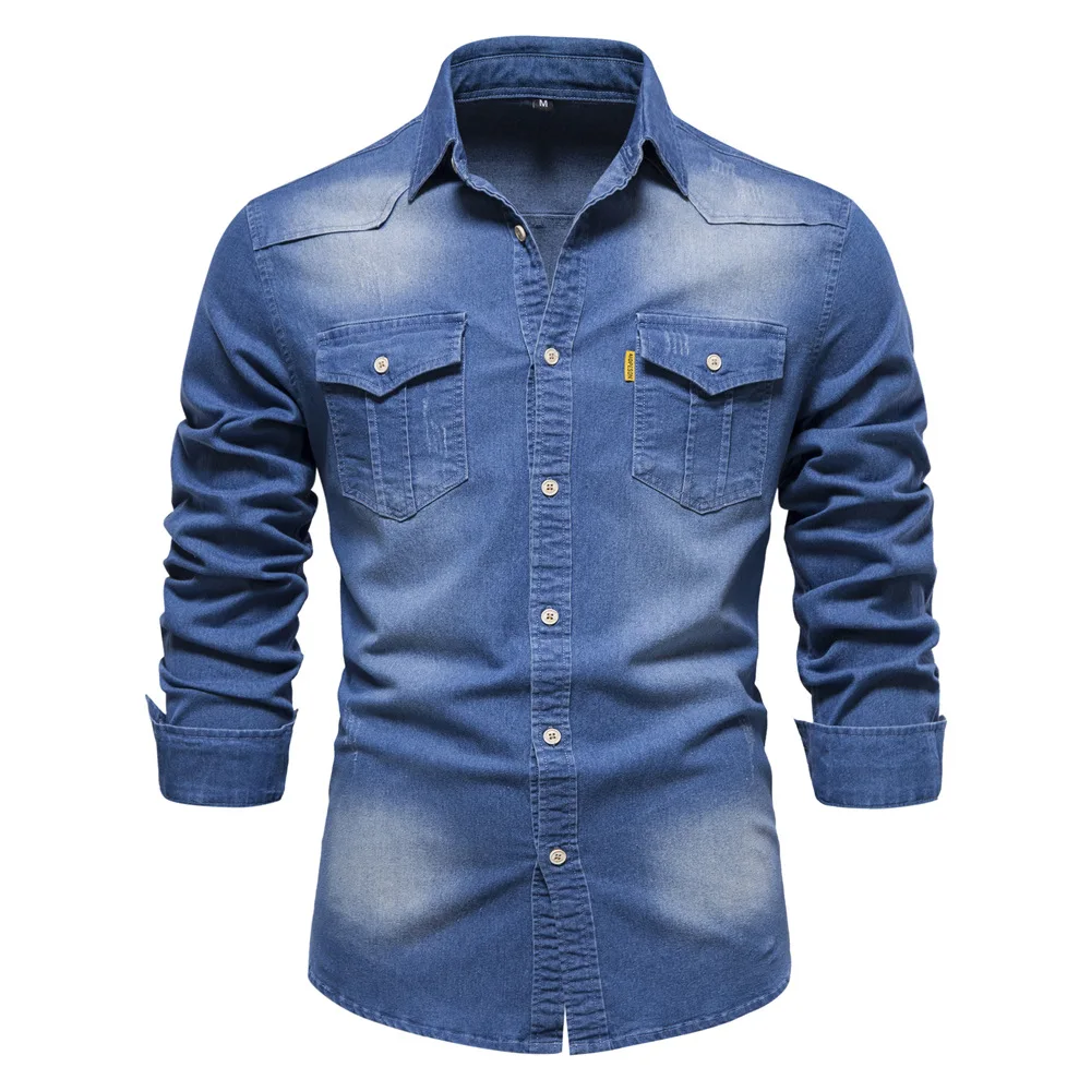 Camisa de mezclilla de algodón elástico para hombre, camisas de manga larga con bolsillo de Color sólido, ropa de diseñador ajustada informal, alta calidad