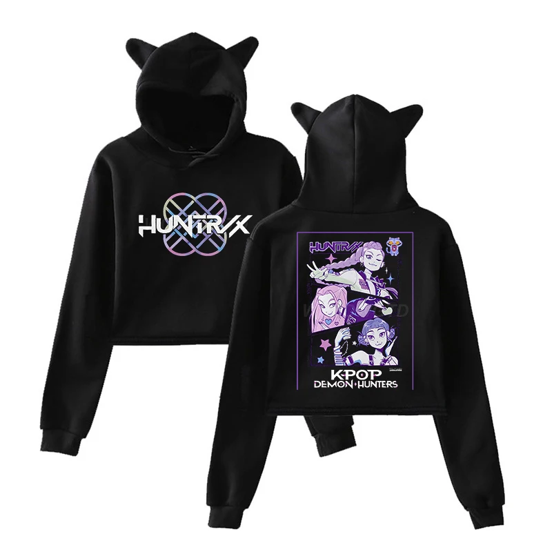 Caliente película estampado orejas de gato manga larga Crop Tops niñas moda Sudadera con capucha Harajuku Streetwear Sudadera con capucha mujeres 2025 ropa para niñas